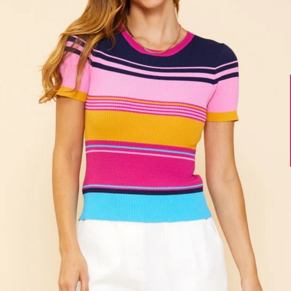 Skies Are Blue Multicolor Striped Short Sleeve Top